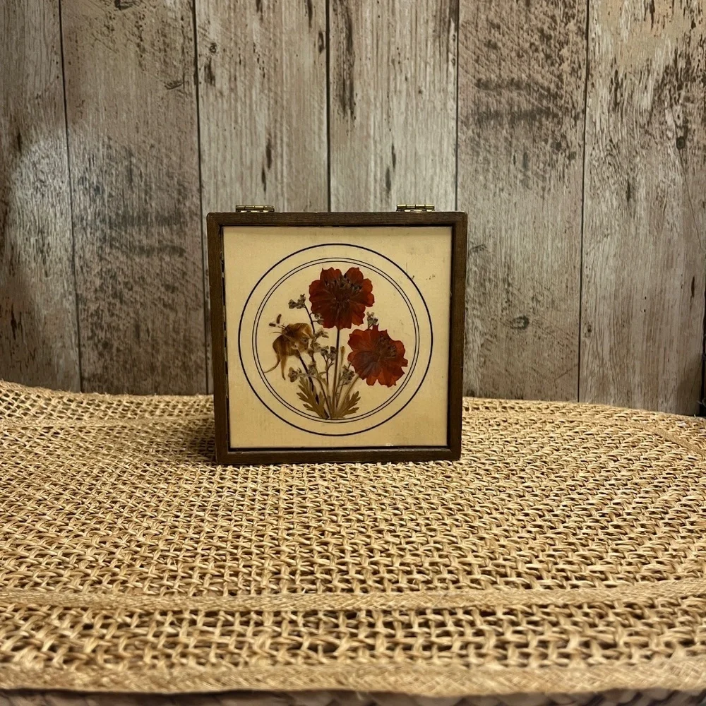 Vintage Pressed Flower Wooden Trinket Box Floral Inlay Jewelry Box Cottagecore